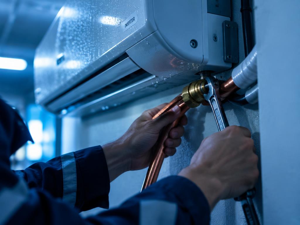 Técnico instalando uma unidade split de ar-condicionado
